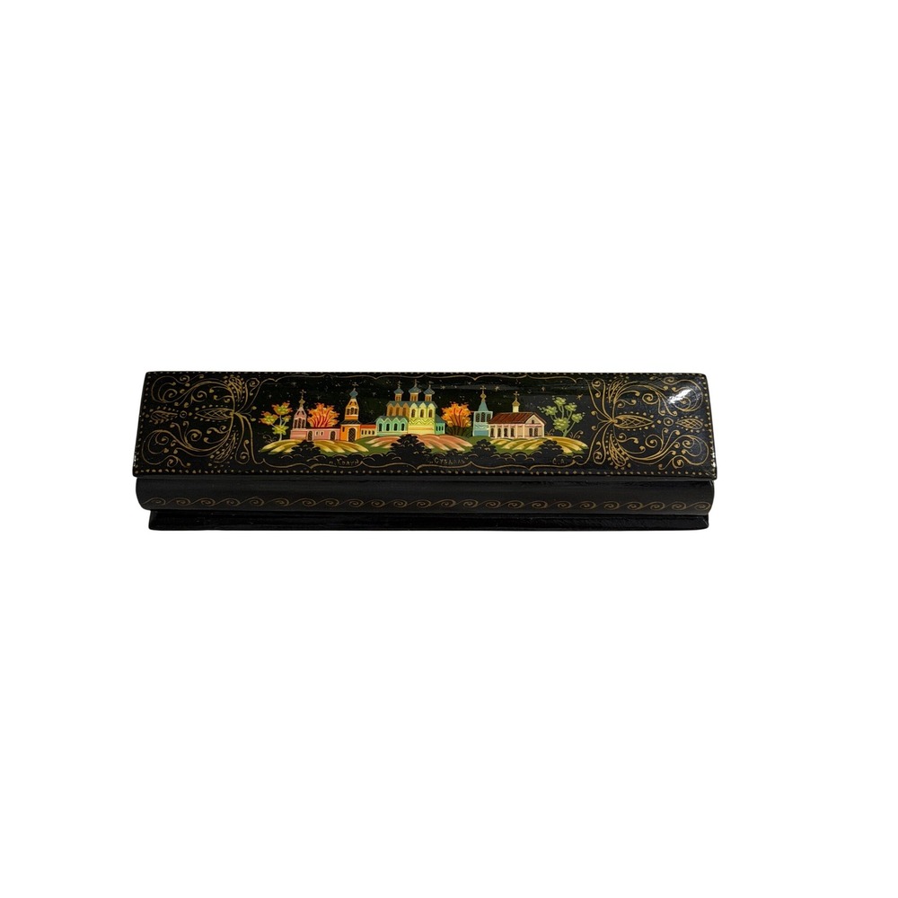 Artisan Suzdal Russian Lacquer Jewelry Box Black Hand Painted Village Keepsake